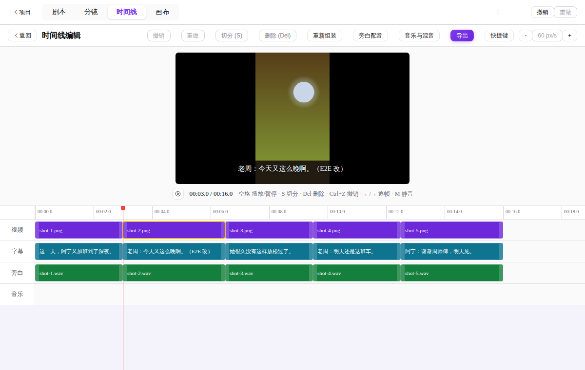 时间线视图：视频、字幕、旁白、音乐四条轨道